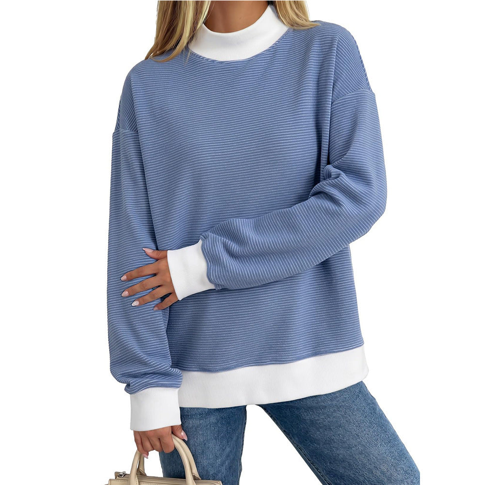 Striped Contrast Trim Relaxed Fit Long Sleeve Knit Top