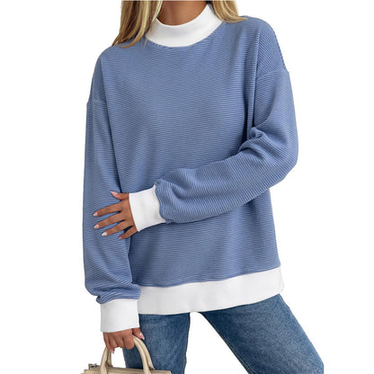 Striped Contrast Trim Relaxed Fit Long Sleeve Knit Top