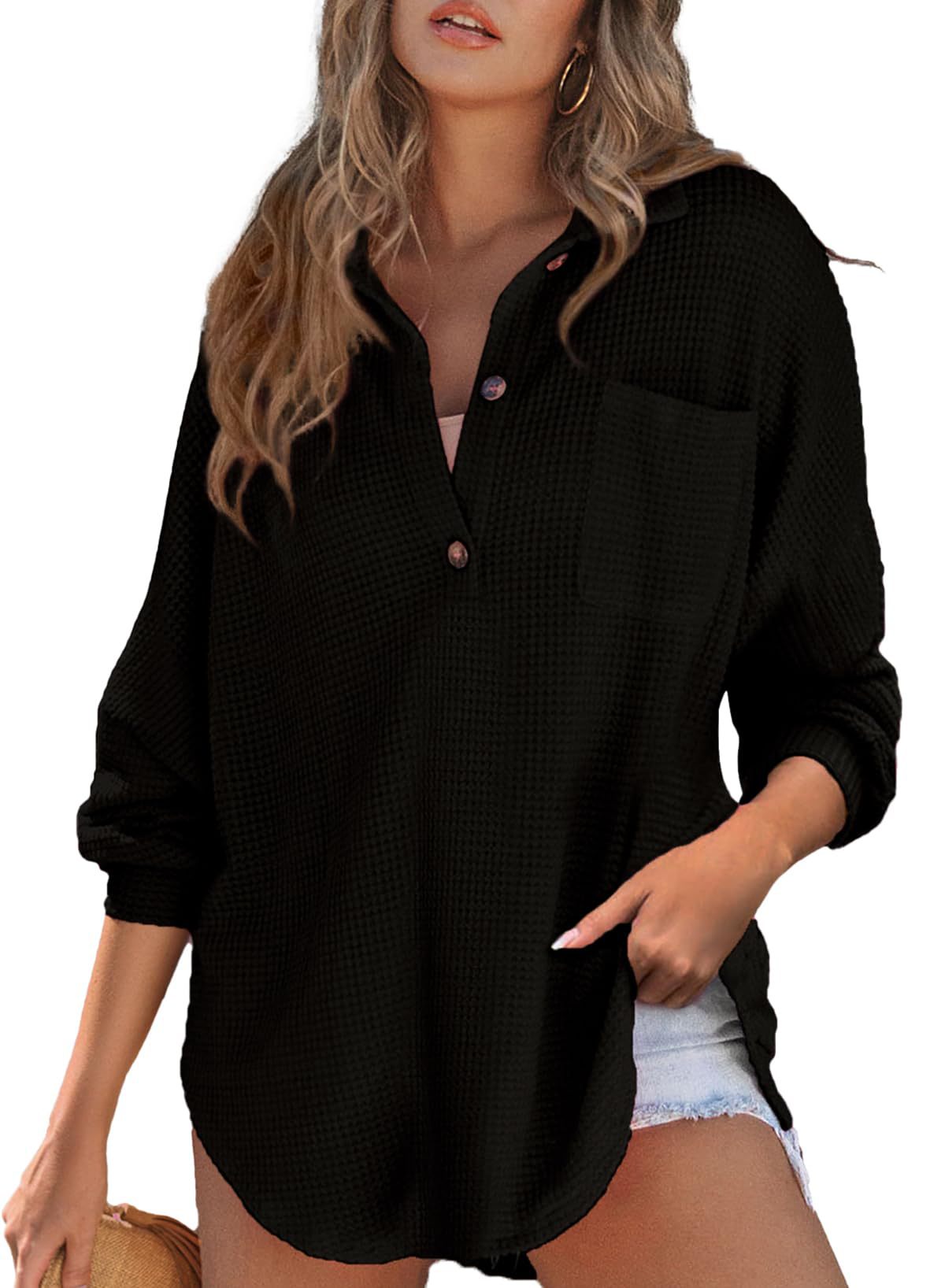 Women's Waffle Knit Oversized Collared Pocket Tunic Top