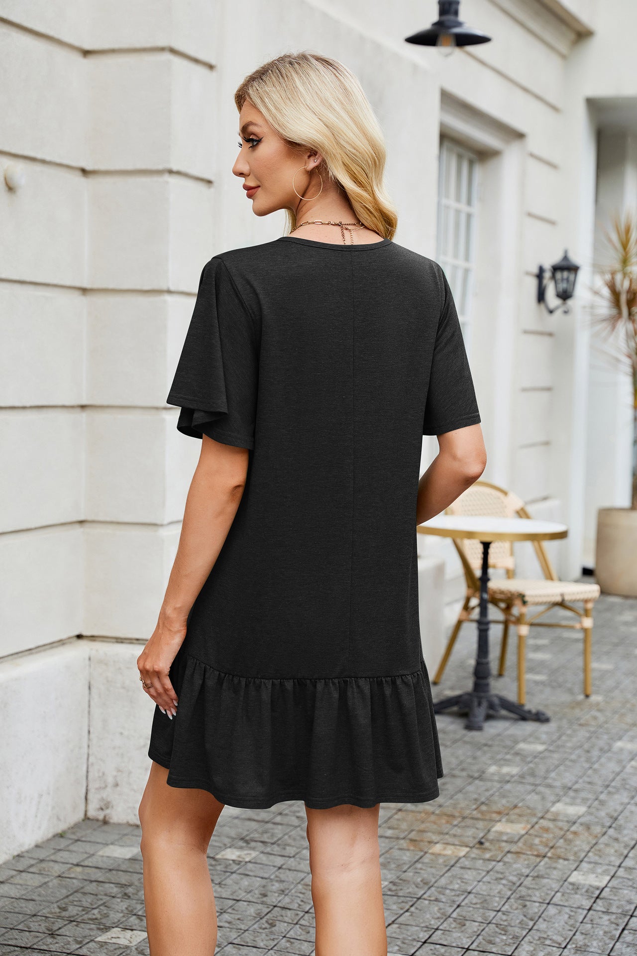 Solid Knit Dress Loose Fit Ruffle Hem Casual Mini