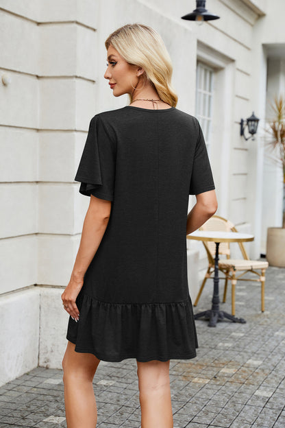 Solid Knit Dress Loose Fit Ruffle Hem Casual Mini