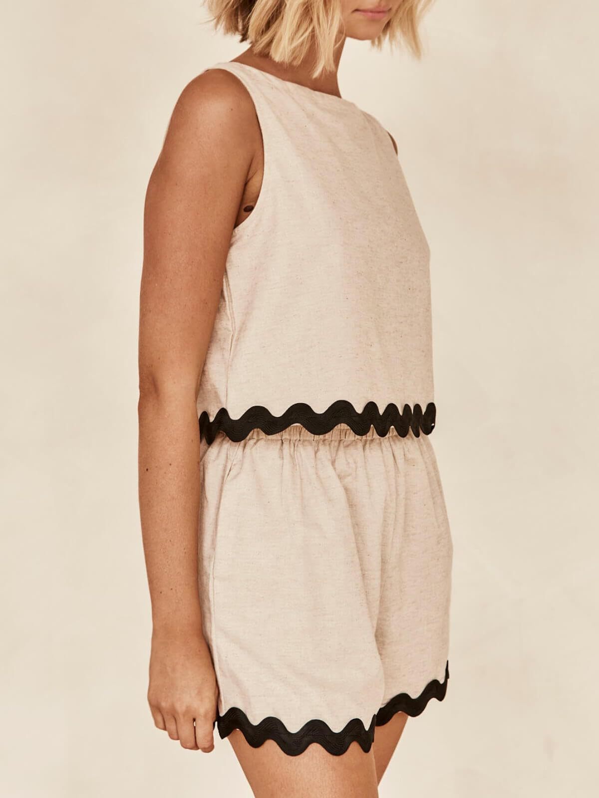 Linen Lace Two-Piece Set - Summer Crew Neck Vest & Shorts