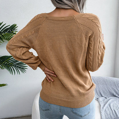 2025 Fall Winter Casual Square Neck Button Detail Cable Knit Sweater