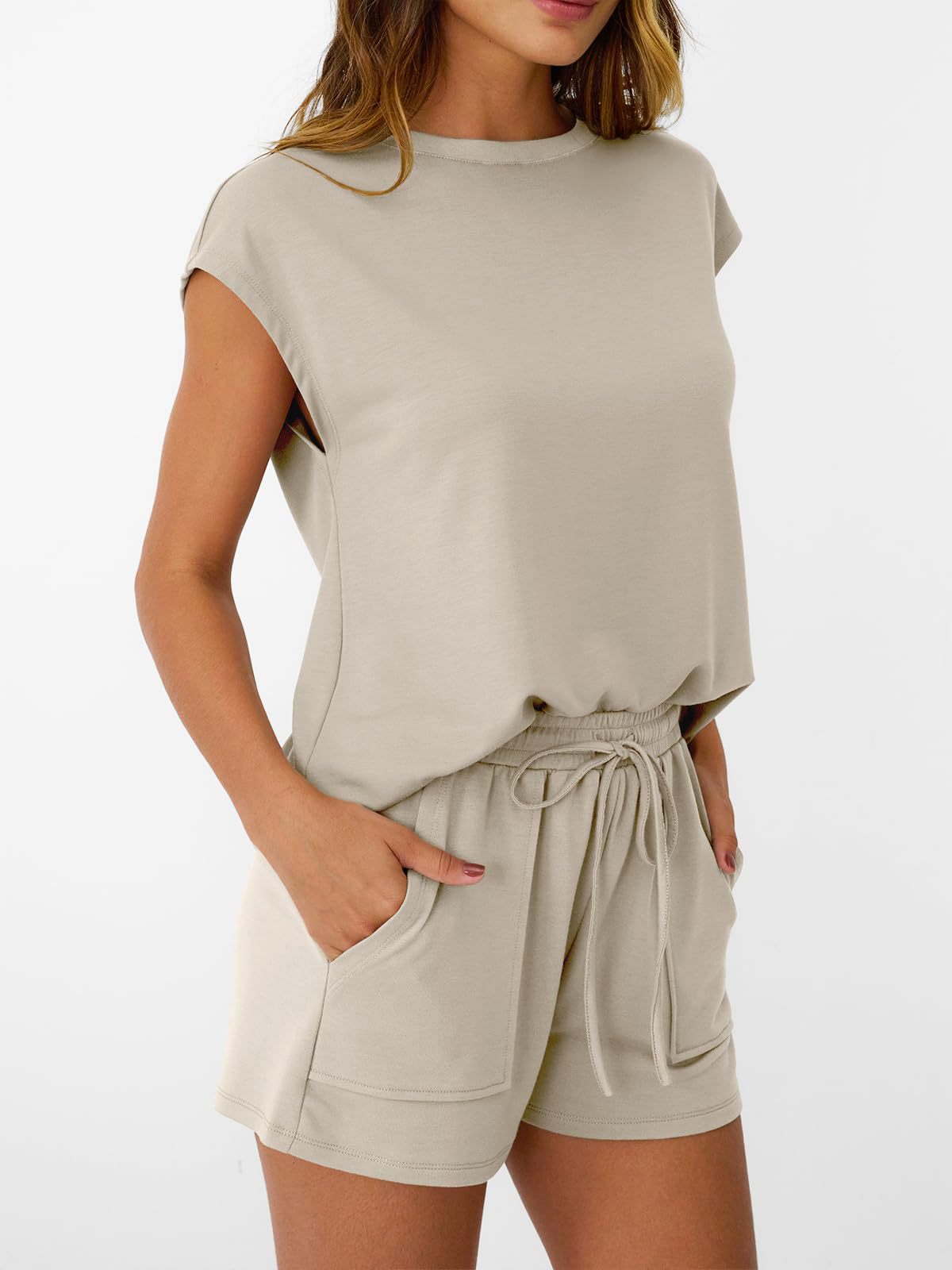 Solid Knit Shorts Set Crew Neck Pocket Lounge Outfit