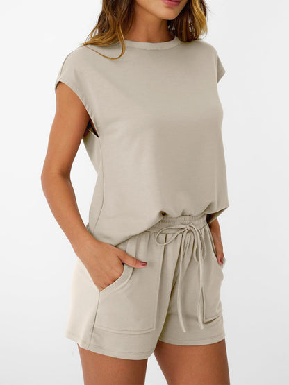 Solid Knit Shorts Set Crew Neck Pocket Lounge Outfit