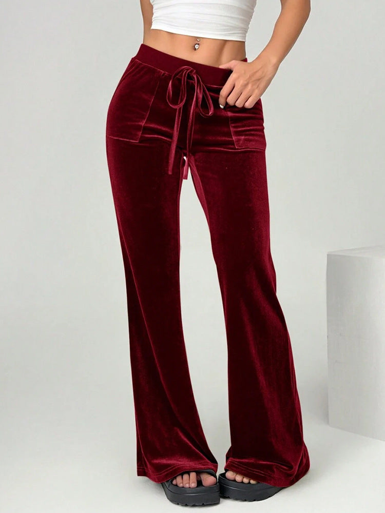 Velvet Drawstring Flare Pants with Pockets