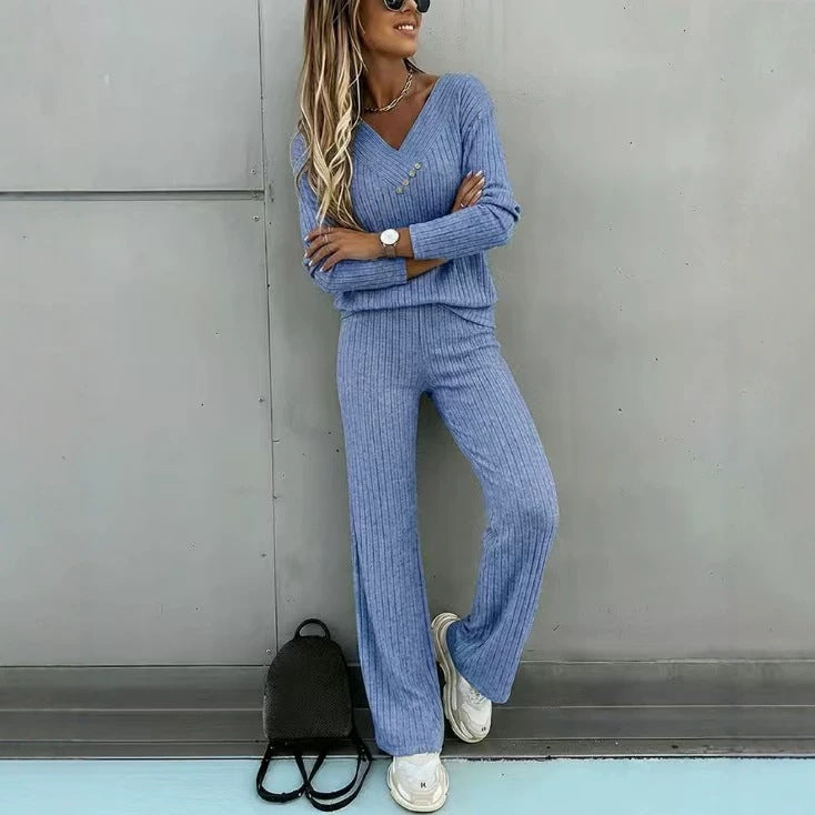 Women's Ribbed V-Neck Button Lounge Pants Set