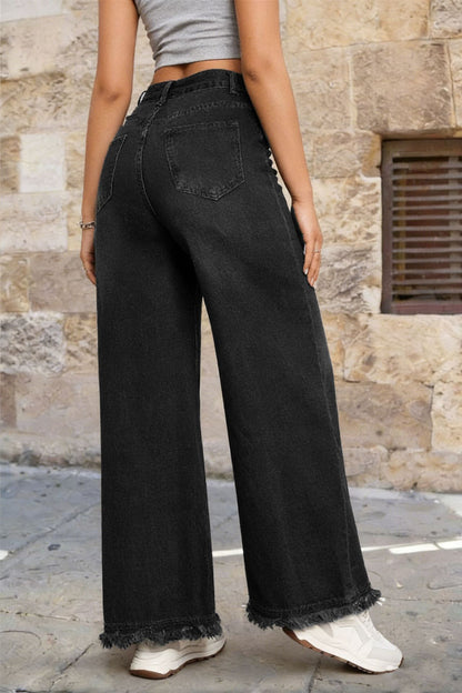 Women's Vintage Washed High Waist Raw Hem Wide Leg Jeans