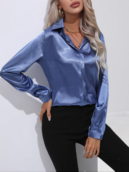 Women's Satin Long Sleeve Collared Blouse