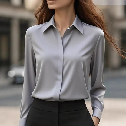 Women's Satin Button Down Blouse Long Sleeve Work Shirt