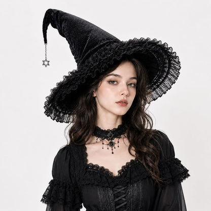 Gothic Velvet Witch Hat with Lace Brim and Satin Bow