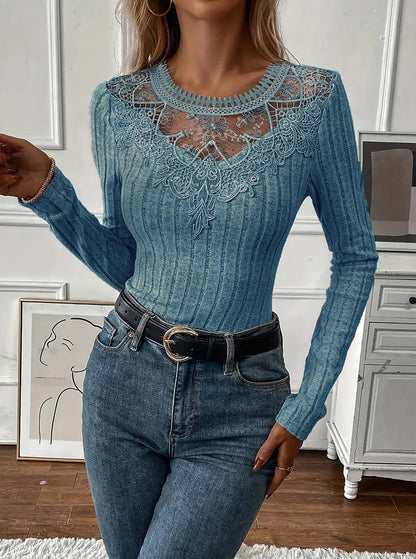 Women's Lace Panel Ribbed Long Sleeve Top