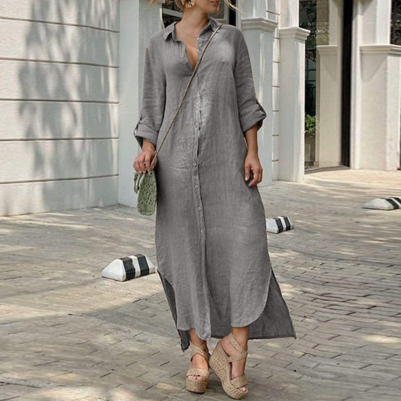 Women's Cotton Linen Button Down Maxi Dress Long Sleeve