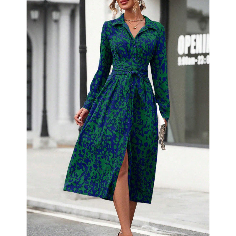 Women's Printed Long Sleeve Belted Midi Shirt Dress Slit