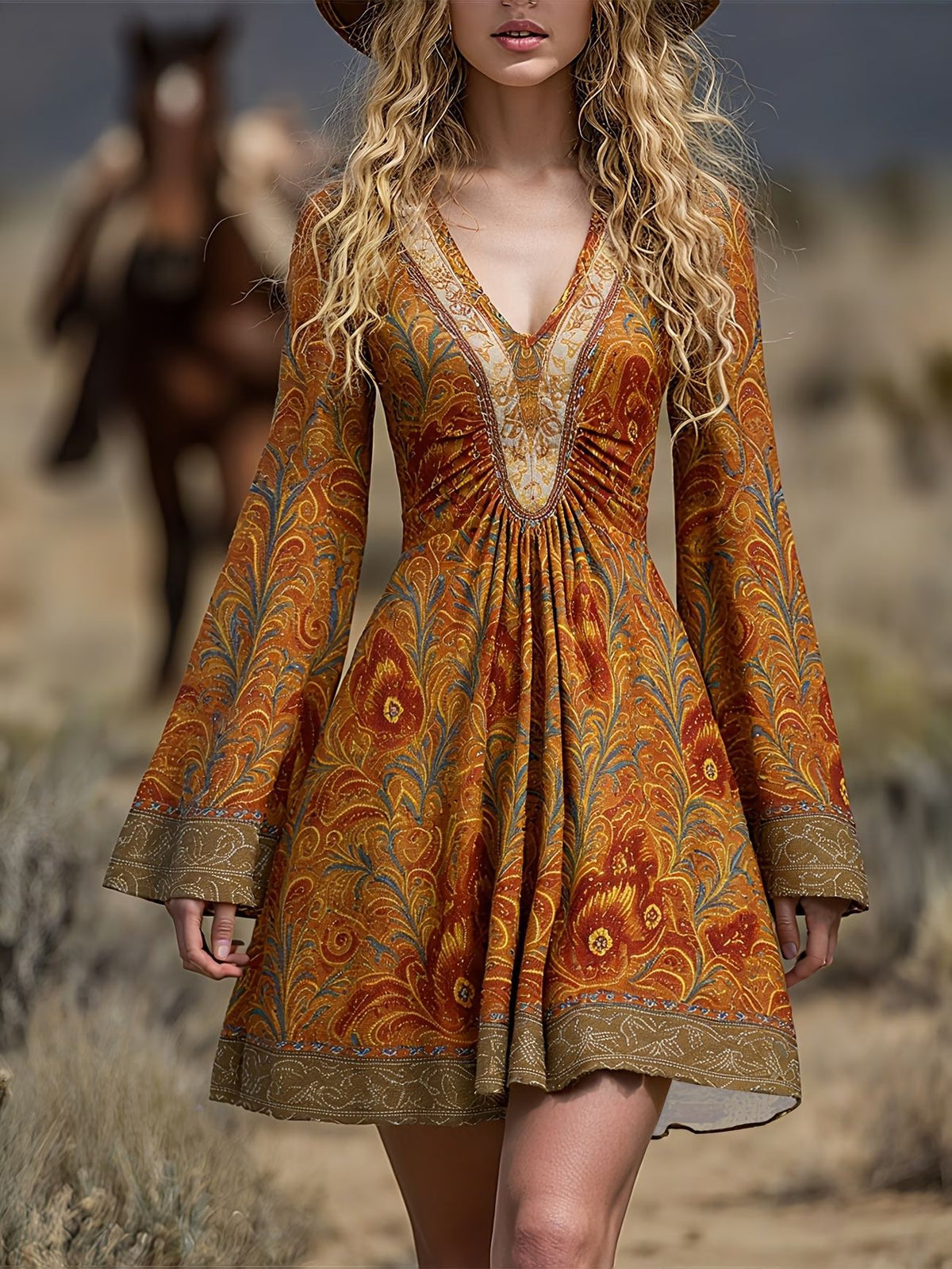 Boho Vintage V-Neck Bell Sleeve A-Line Mini Dress