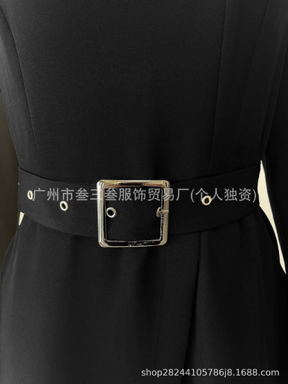 Women Mock Neck Long Sleeve Zip Front Belted A-Line Dress