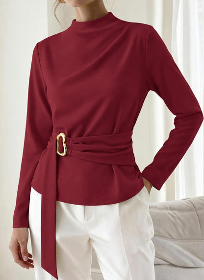 Burgundy Belted Mock Neck Slim Fit Long Sleeve Top