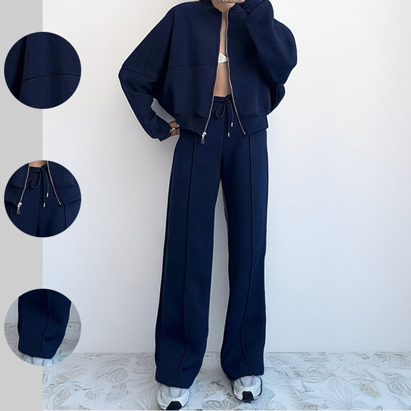 Solid Two Piece Lounge Set Zip Sweatshirt Wide Leg Pants