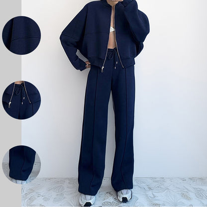 Solid Two Piece Lounge Set Zip Sweatshirt Wide Leg Pants