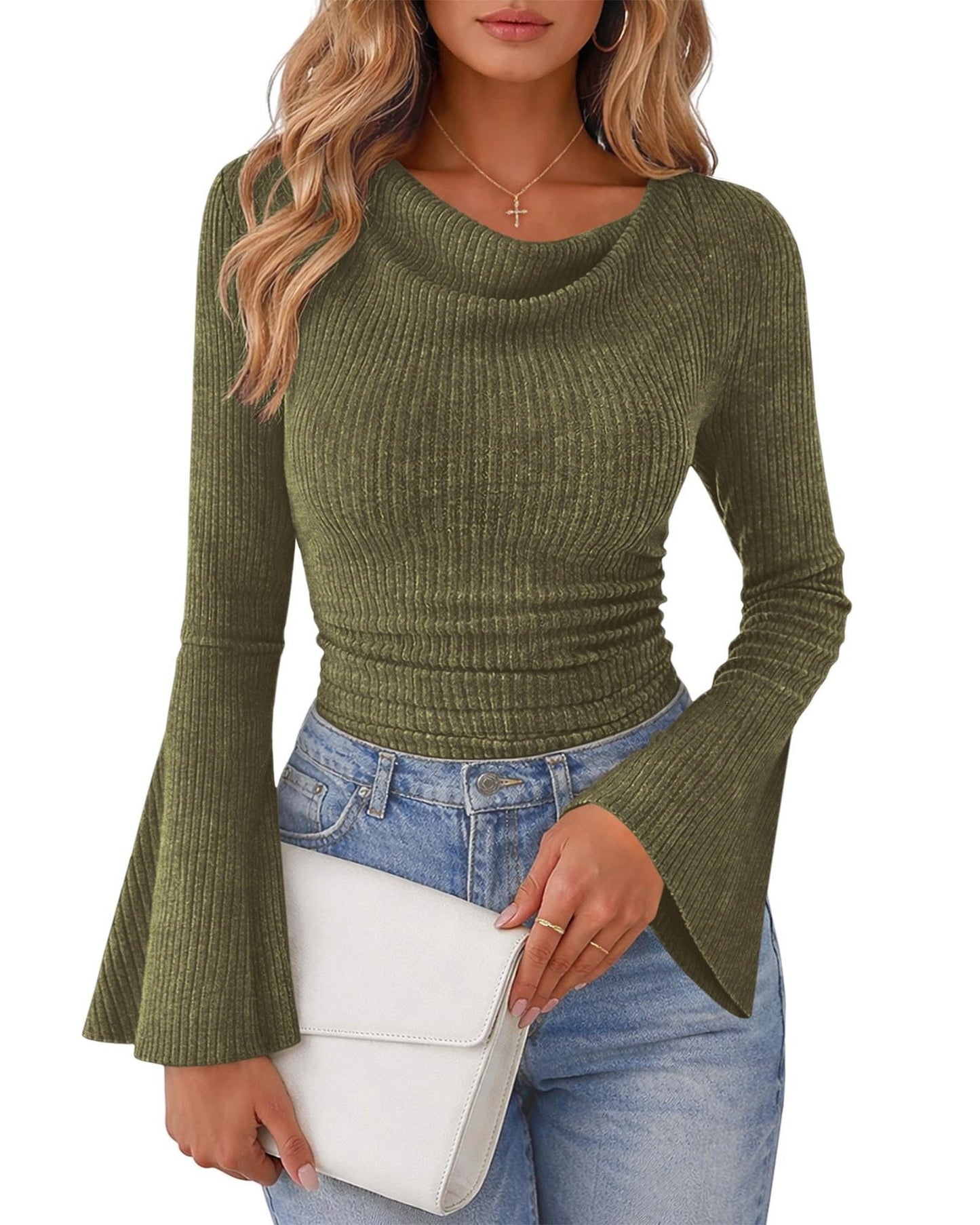 Ribbed Cowl Neck Top Bell Sleeve Slim Fit