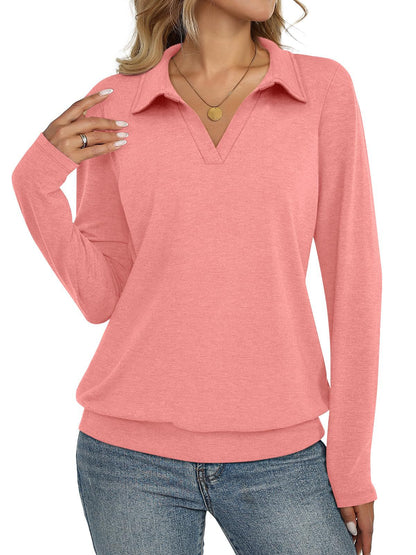 Women's Collared V Neck Long Sleeve Casual Knit Top