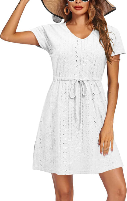 Short Sleeve A-Line Cover Up Dress with Hollow Detail