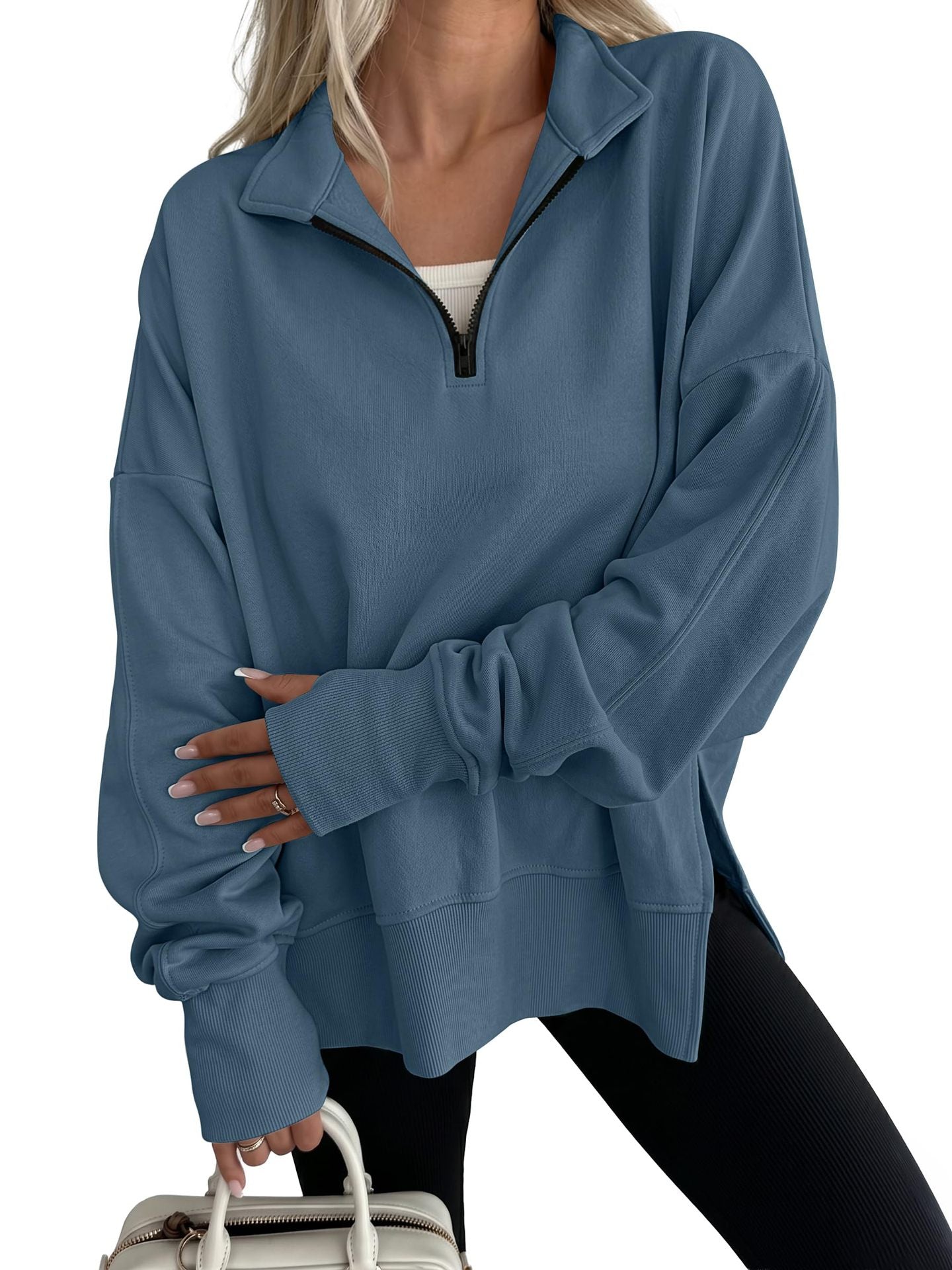 Women's Oversized Quarter Zip Sweatshirt Side Slit Pullover