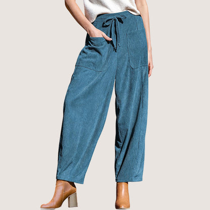 Women's Corduroy Wide Leg Pants Drawstring Pockets