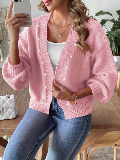 Women's Short Pearl Bead Cardigan Loose Buttonless Knitted Sweater