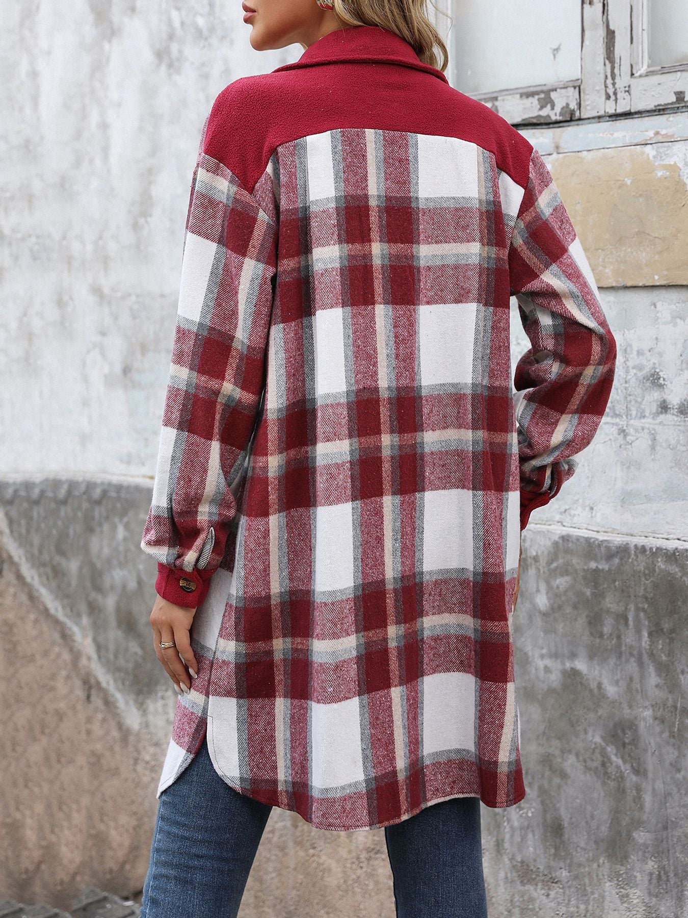 Plaid Shirt Jacket for Women - Long Button Front Coat