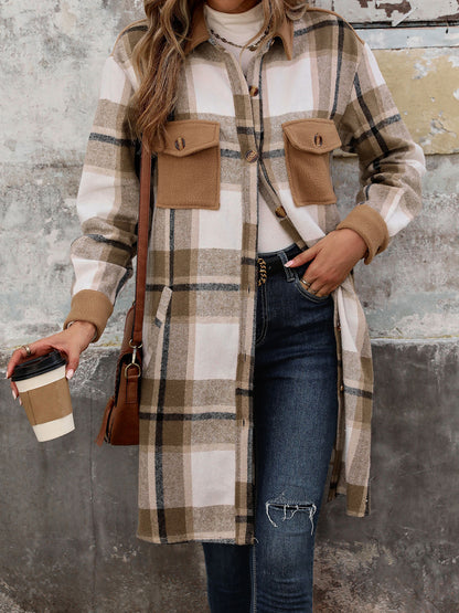 Plaid Shirt Jacket for Women - Long Button Front Coat