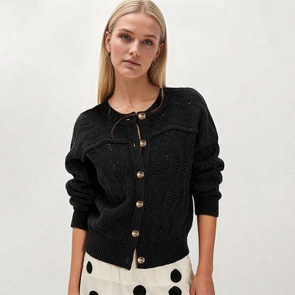 Pointelle Knit Cardigan Sweater Button Front Casual Top