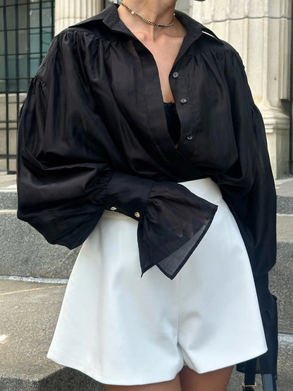 Women's Oversized Satin Collared Blouse Balloon Sleeve Top