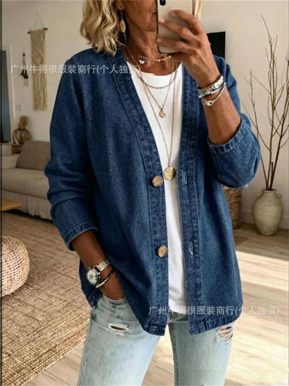 Women's Oversized Vintage Denim Jacket Button Front