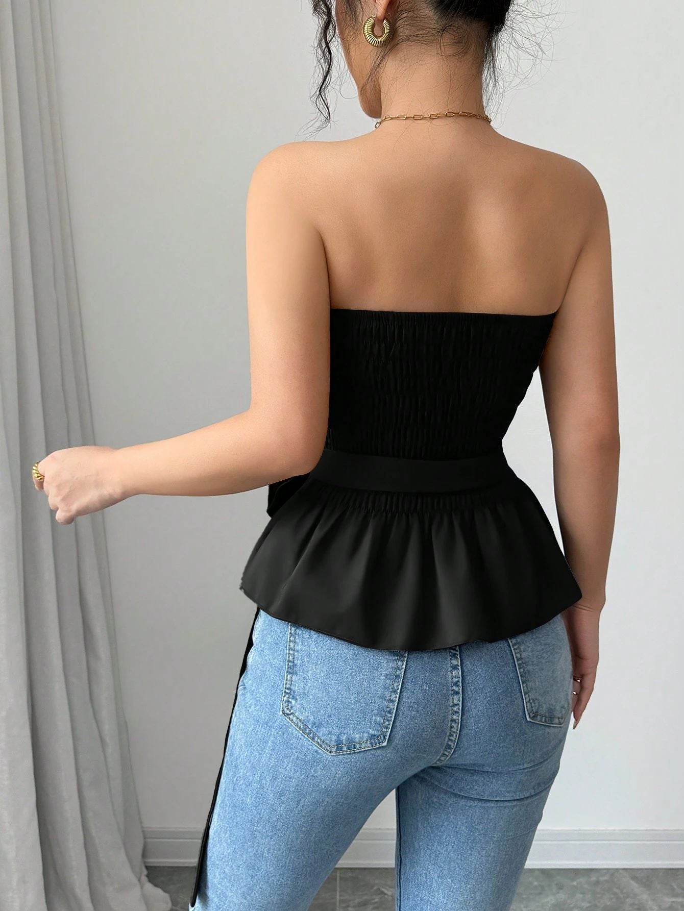 French Style Bandeau Top with Ruffle Hem and Rose