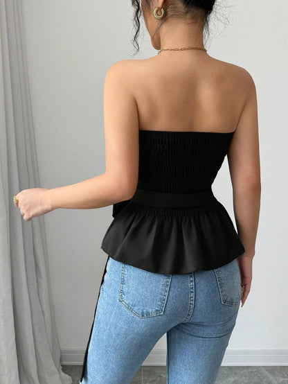 French Style Bandeau Top with Ruffle Hem and Rose