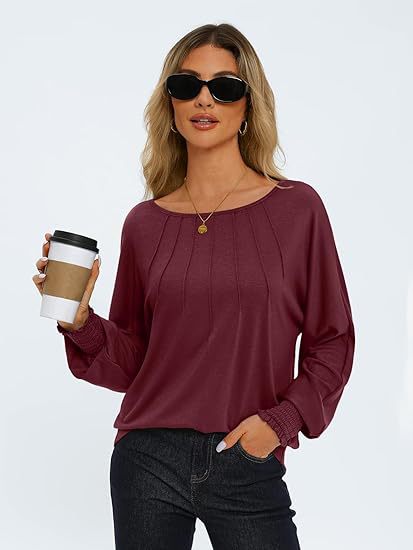Women's Pleated Crewneck Balloon Sleeve Oversized Top