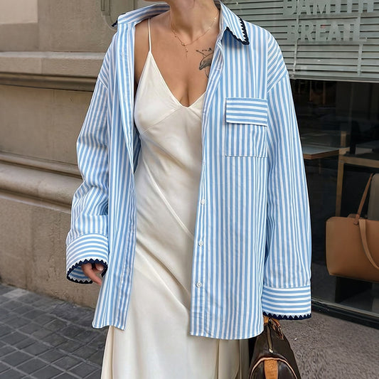 Blue Striped Oversized Button Down Shirt Long Sleeve