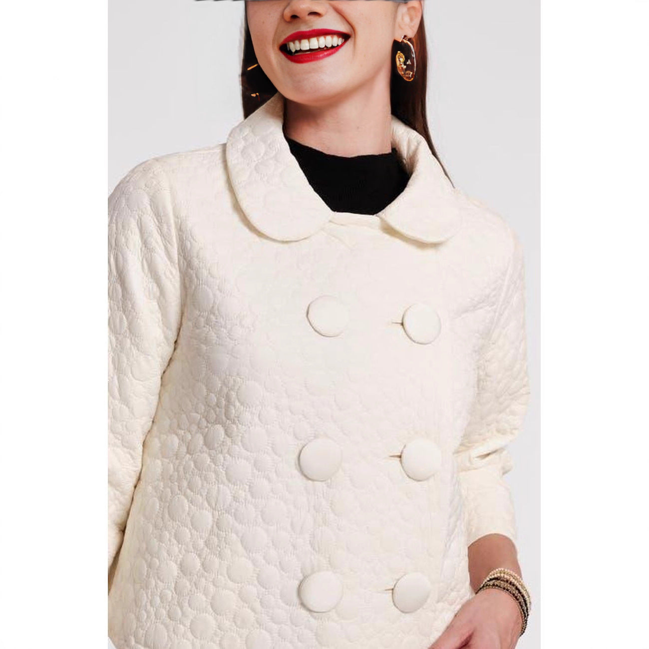 Cream Peter Pan Collar Quilted Jacket Double Breasted