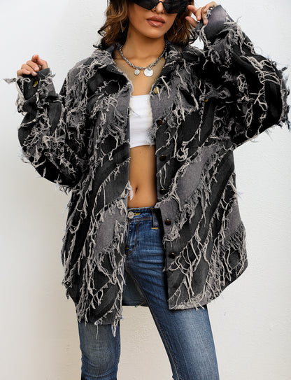 Women's Oversized Fringe Distressed Denim Jacket