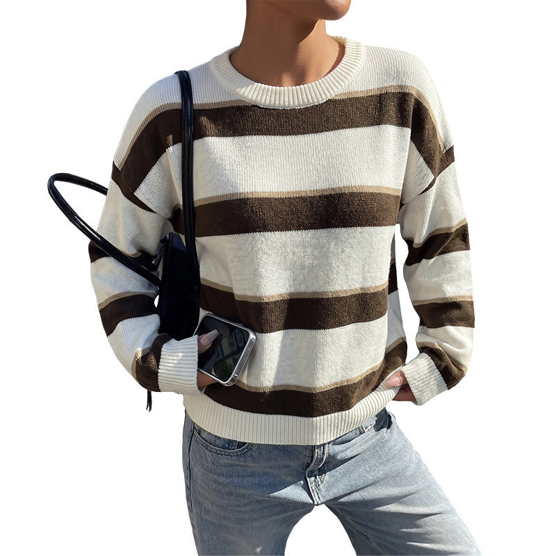 Striped Knit Sweater Crew Neck Loose Pullover
