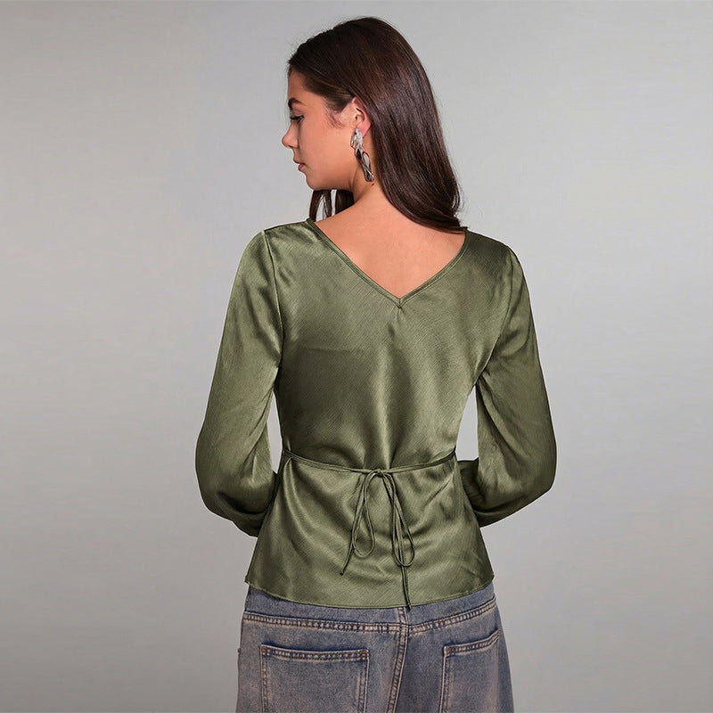 Women's V Neck Tie Front Bell Sleeve Blouse