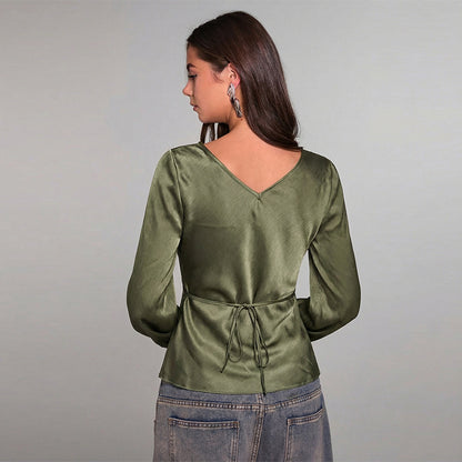 Women's V Neck Tie Front Bell Sleeve Blouse