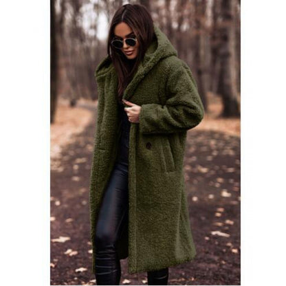 Womens Oversized Long Teddy Coat Lapel Button Jacket