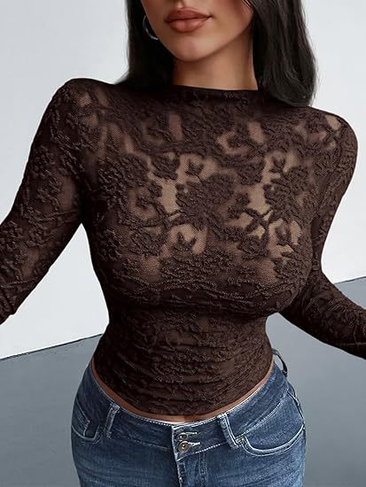 Sheer Lace Mock Neck Long Sleeve Fitted Top