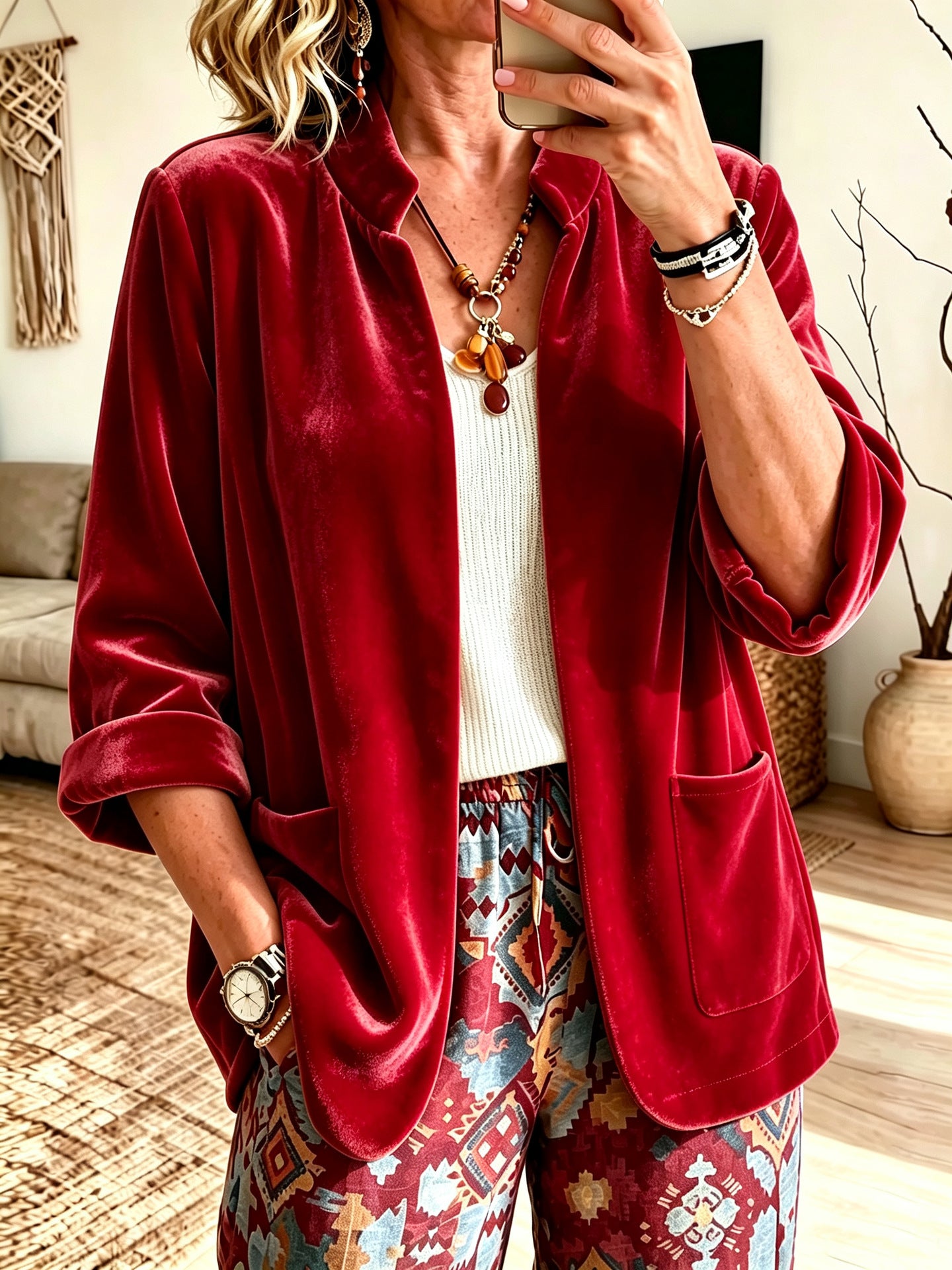 Women's Velvet Blazer Open Front Long Sleeve Pockets