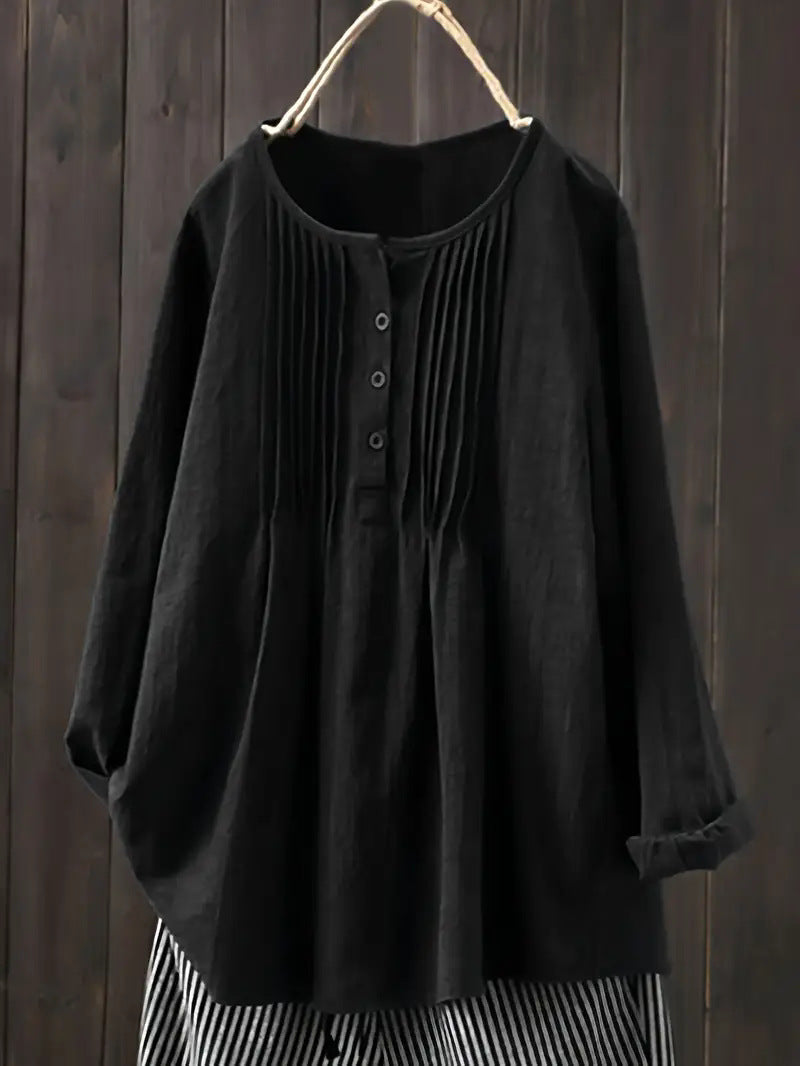 Women's Cotton Linen Pleated Blouse Plus Size Top