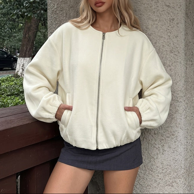 Solid Zip Up Bomber Jacket Cropped Relaxed Fit