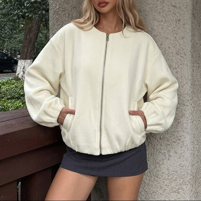 Solid Zip Up Bomber Jacket Cropped Relaxed Fit