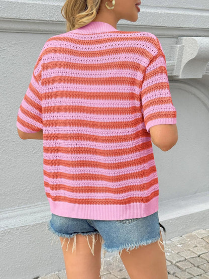 Striped Crochet Cardigan V Neck Button Knit Top
